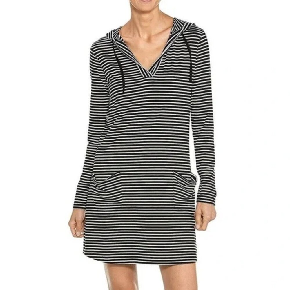 Coolibar Catalina Hooded Beach Cover Up Mini Dress UPF 50+ Black/White Stripe M